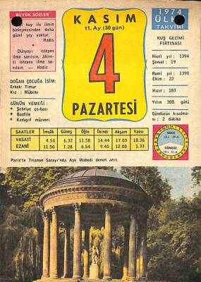4 Kasım 1974 Takvim Yaprağı - Doğum Günü Hediyesi EFM(N)10677 - 1