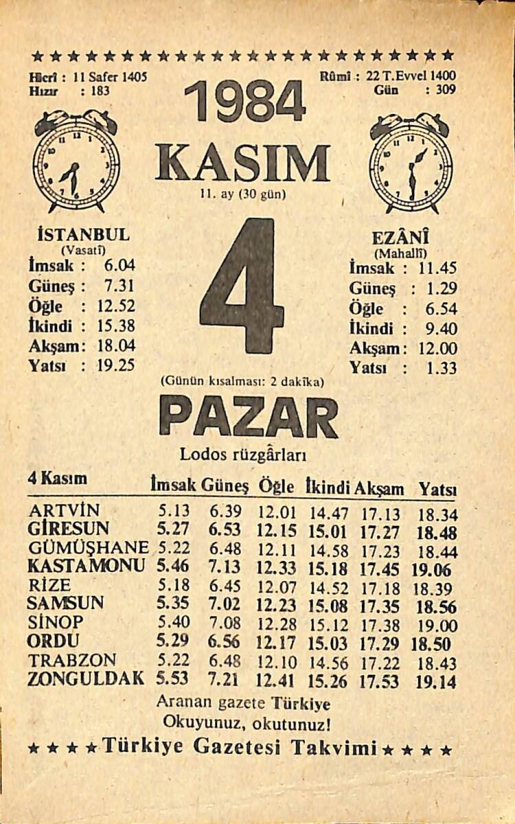 4 Kasım 1984 Takvim Yaprağı - Doğum Günü Hediyesi EFMN14548 - 1
