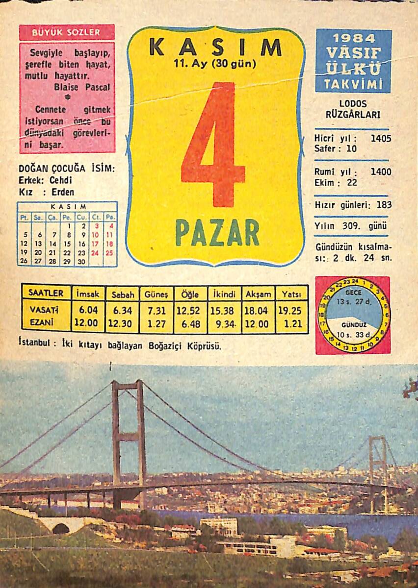 4 Kasım 1984 Takvim Yaprağı - Doğum Günü Hediyesi EFMN14806 - 1