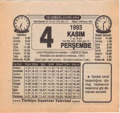 4 Kasım 1993 Takvim Yaprağı EFM(N)3858 - 1