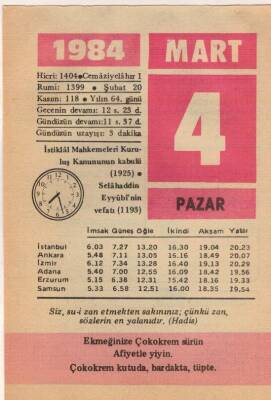 4 Mart 1984 Takvim Yaprağı EFM(N)6067 - 1
