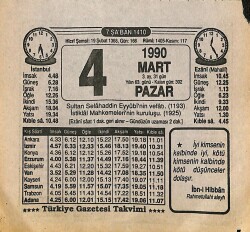 4 Mart 1990 Takvim Yaprağı - Doğum Günü Hediyesi EFM(N)12653 - Gökçekoleksiyon