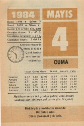 4 Mayıs 1984 Takvim Yaprağı EFM(N)6213 - Gökçekoleksiyon