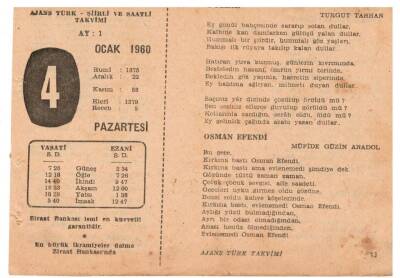 4 Ocak 1960 Ajans Türk Takvim Yaprağı(Şiirli Saatli) EFM(N)1078 - 1