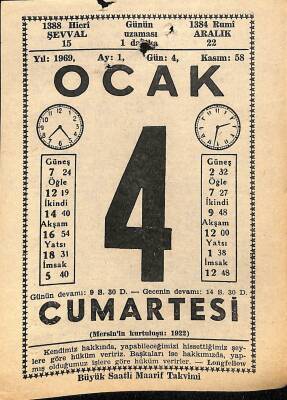 4 Ocak 1969 Takvim Yaprağı - Doğum Günü Hediyesi EFM(N)11043 - 1