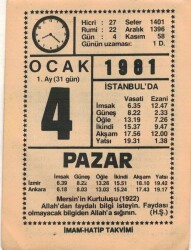 4 Ocak 1981 Takvim Yaprağı EFM(N)4650 - Gökçekoleksiyon
