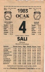 4 Ocak 1983 Takvim Yaprağı EFM(N)4557 - Gökçekoleksiyon