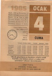 4 Ocak 1985 Takvim Yaprağı EFM(N)4774 - Gökçekoleksiyon
