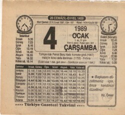 4 Ocak 1989 Takvim Yaprağı EFM(N)4712 - Gökçekoleksiyon