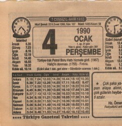 4 Ocak 1990 Takvim Yaprağı EFM(N)4681 - Gökçekoleksiyon