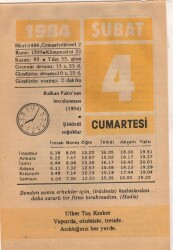4 Şubat 1984 Takvim Yaprağı EFM(N)5327 - Gökçekoleksiyon
