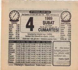 4 Şubat 1989 Takvim Yaprağı EFM(N)5356 - Gökçekoleksiyon