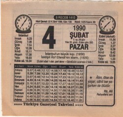 4 Şubat 1990 Takvim Yaprağı EFM(N)5187 - Gökçekoleksiyon