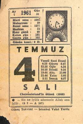 4 Temmuz 1961 Takvim Yaprağı - Doğum Günü Hediyesi EFM(N)11444 - 1