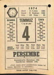 4 Temmuz 1974 Takvim Yaprağı - Doğum Günü Hediyesi EFM(N)12127 - Gökçekoleksiyon