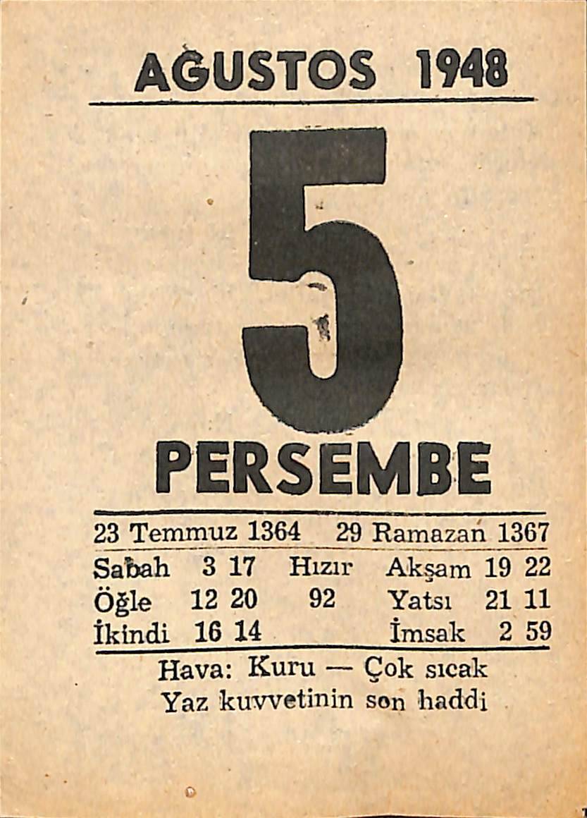 5 Ağustos 1948 Takvim Yaprağı - Doğum Günü Hediyesi EFMN14433 - 1