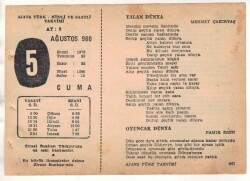 5 Ağustos 1960 Ajans Türk Takvim Yaprağı (Şiirli Saatli) EFM(N) 1683 - 3