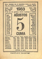 5 Ağustos 1983 Takvim Yaprağı - Doğum Günü Hediyesi EFM(N)11952 - Gökçekoleksiyon