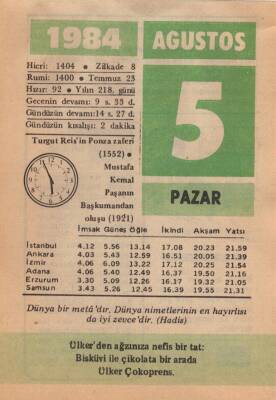 5 Ağustos 1984 Takvim Yaprağı EFM(N)2260 - 3