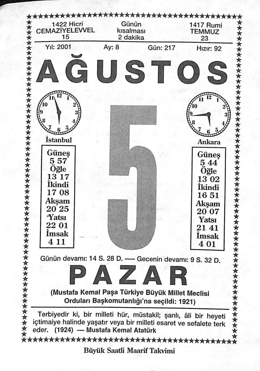 5 Ağustos 2001 Takvim Yaprağı - Doğum Günü Hediyesi EFMN14225 - 1