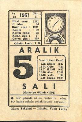 5 Aralık 1961 Takvim Yaprağı - Doğum Günü Hediyesi EFM(N)11509 - 1