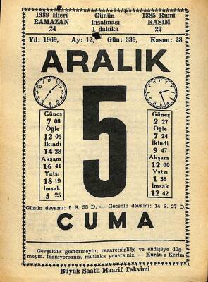 5 Aralık 1969 Takvim Yaprağı - Doğum Günü Hediyesi EFM(N)11081 - 1