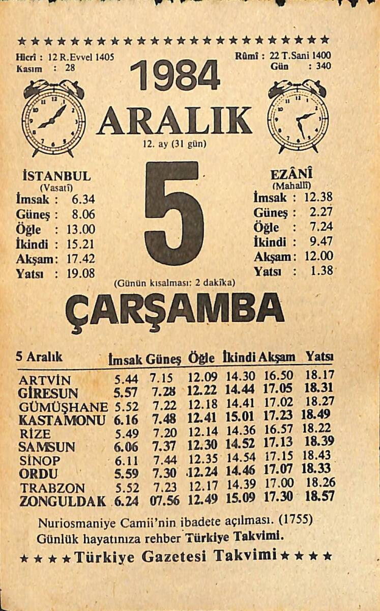 5 Aralık 1984 Takvim Yaprağı - Doğum Günü Hediyesi EFMN14519 - 1