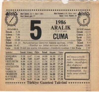 5 Aralık 1986 Takvim Yaprağı EFM(N)4317 - 2