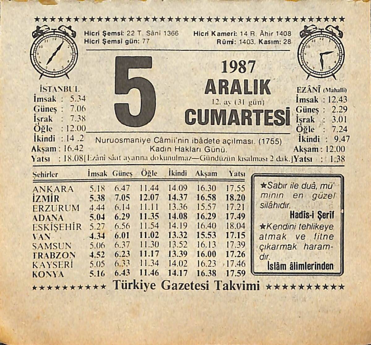 5 Aralık 1987 Takvim Yaprağı - Doğum Günü Hediyesi EFMN15006 - 1