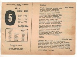 5 Ekim 1960 Ajans Türk Takvim Yaprağı (Şiirli Saatli) EFM(N) 1742 - 2