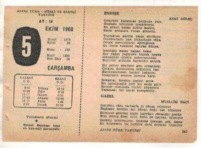 5 Ekim 1960 Ajans Türk Takvim Yaprağı (Şiirli Saatli) EFM(N) 1742 - 2