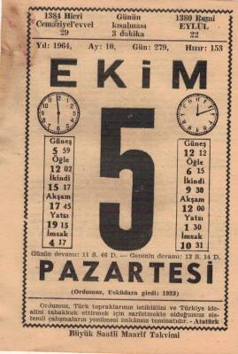 5 Ekim 1964 Takvim Yaprağı EFM(N)3520 - 2