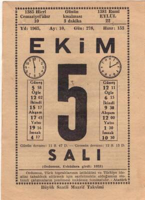 5 Ekim 1965 Takvim Yaprağı EFM(N)3522 - 3