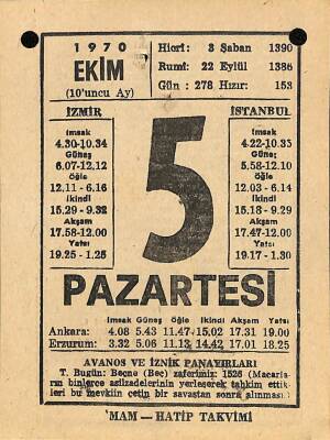 5 Ekim 1970 Takvim Yaprağı - Doğum Günü Hediyesi EFM(N)10534 - 2