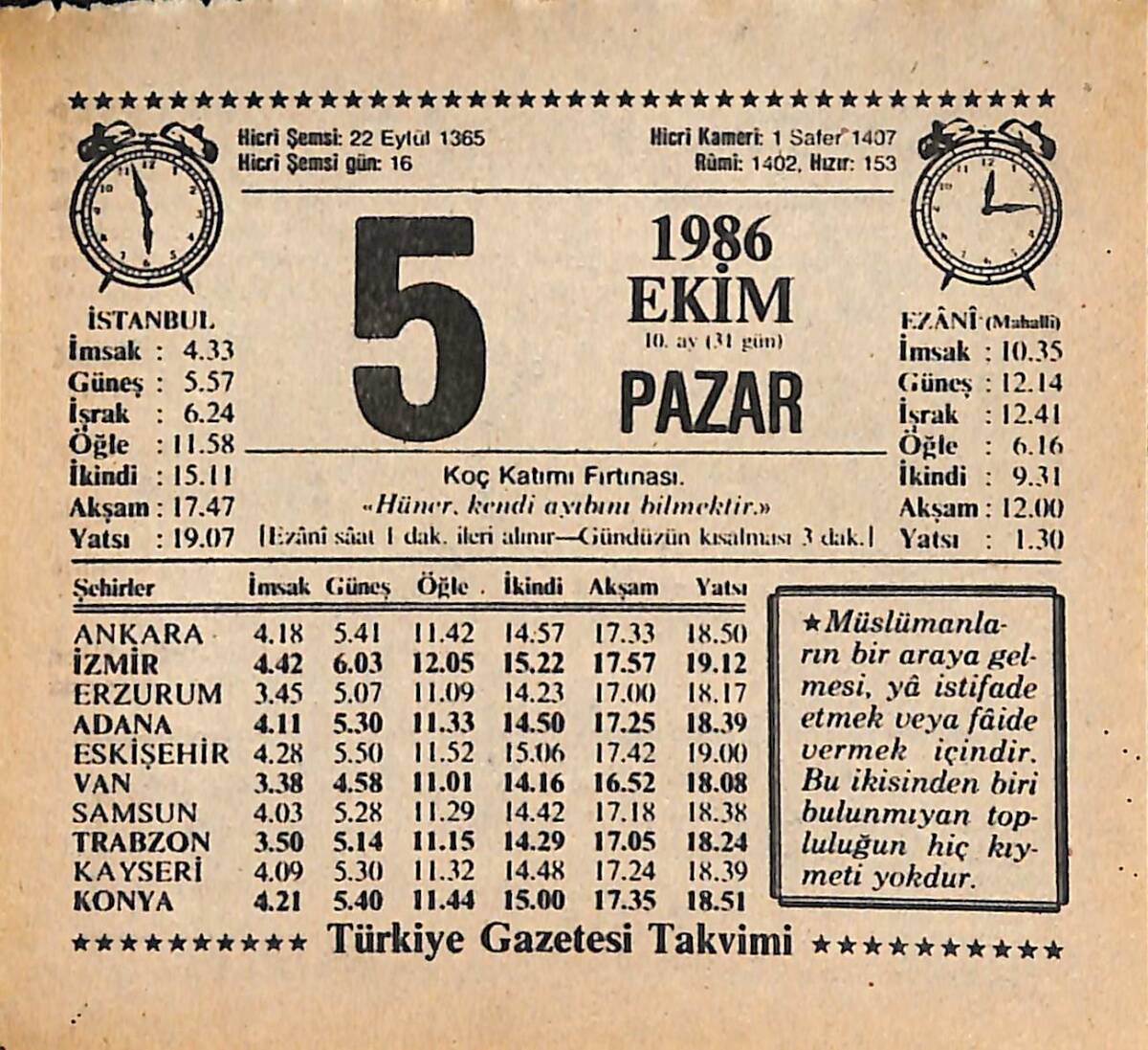 5 Ekim 1986 Takvim Yaprağı - Doğum Günü Hediyesi EFMN14926 - 1