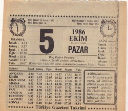 5 Ekim 1986 Takvim Yaprağı EFM(N)3068 - Gökçekoleksiyon