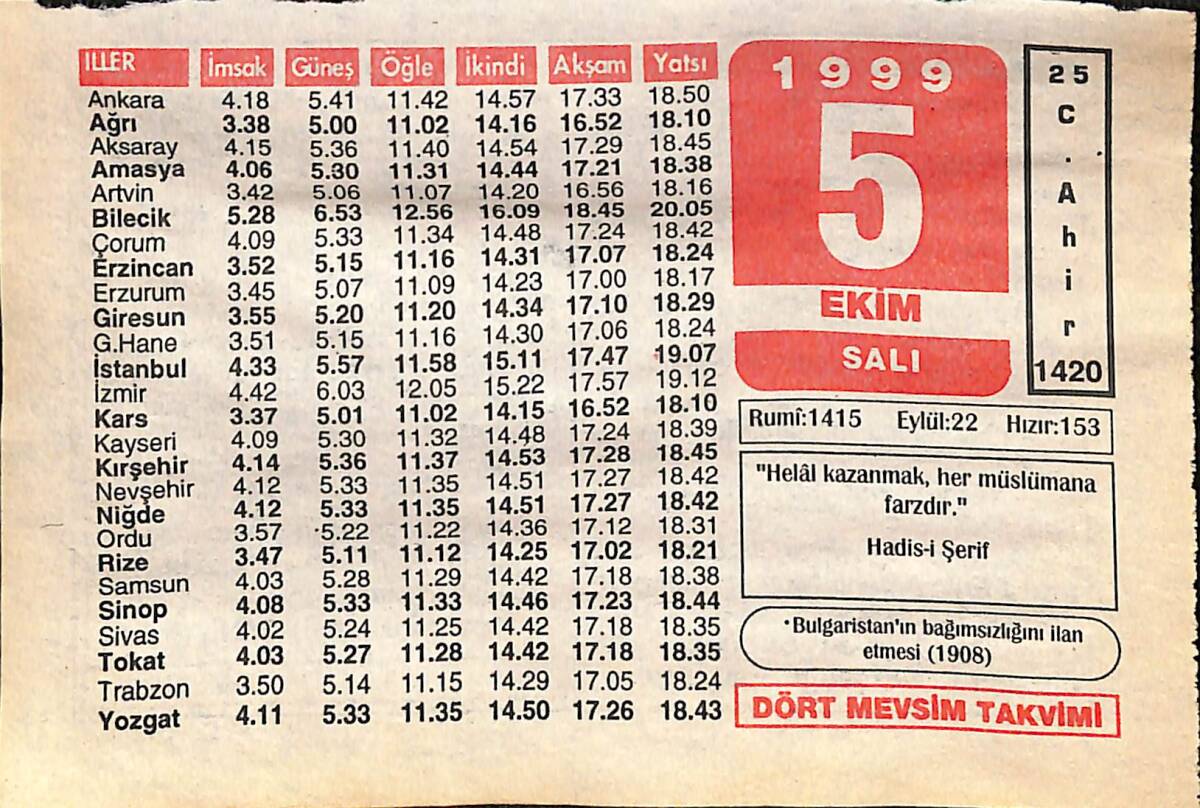 5 Ekim 1999 Takvim Yaprağı - Doğum Günü Hediyesi EFMN14082 - 1