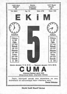 5 Ekim 2001 Takvim Yaprağı - Doğum Günü Hediyesi EFM(N)10472 - 3