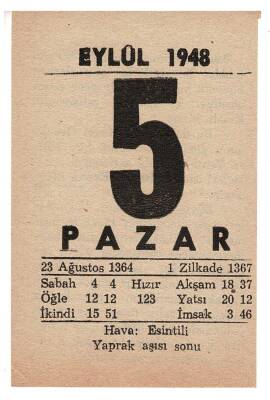 5 Eylül 1948 Takvim Yaprağı EFM853 - 1