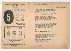 5 Eylül 1960 Ajans Türk Takvim Yaprağı (Şiirli Saatli) EFM(N) 1714 - 4