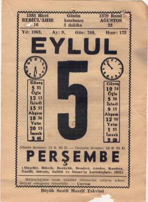 5 Eylül 1963 Takvim Yaprağı EFM(N)3585 - 2