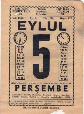 5 Eylül 1963 Takvim Yaprağı EFM(N)3585 - 1