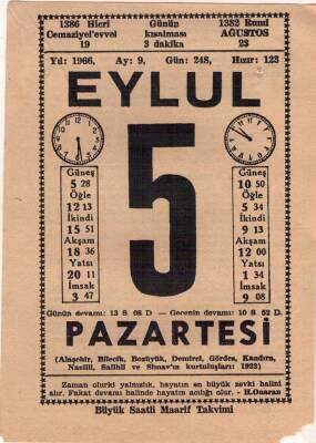 5 Eylül 1966 Takvim Yaprağı EFM(N)3586 - 3