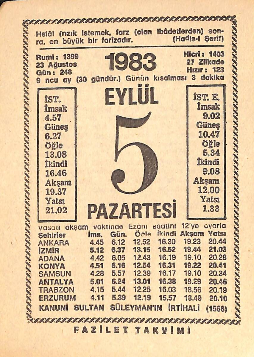 5 Eylül 1983 Takvim Yaprağı - Doğum Günü Hediyesi EFMN15421 - 1