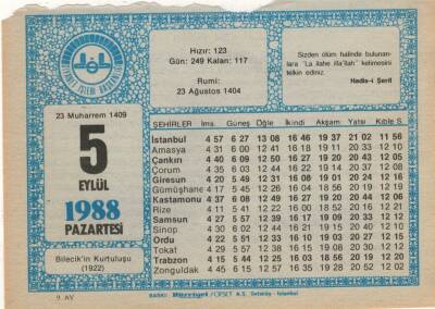 5 Eylül 1988 Takvim Yaprağı EFM(N)2631 - 2
