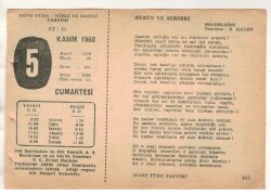 5 Kasım 1960 Ajans Türk Takvim Yaprağı (Şiirli Saatli) EFM(N) 1771 - 2
