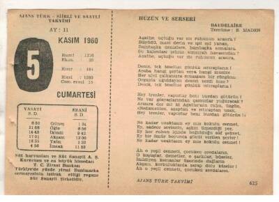 5 Kasım 1960 Ajans Türk Takvim Yaprağı (Şiirli Saatli) EFM(N) 1771 - 2