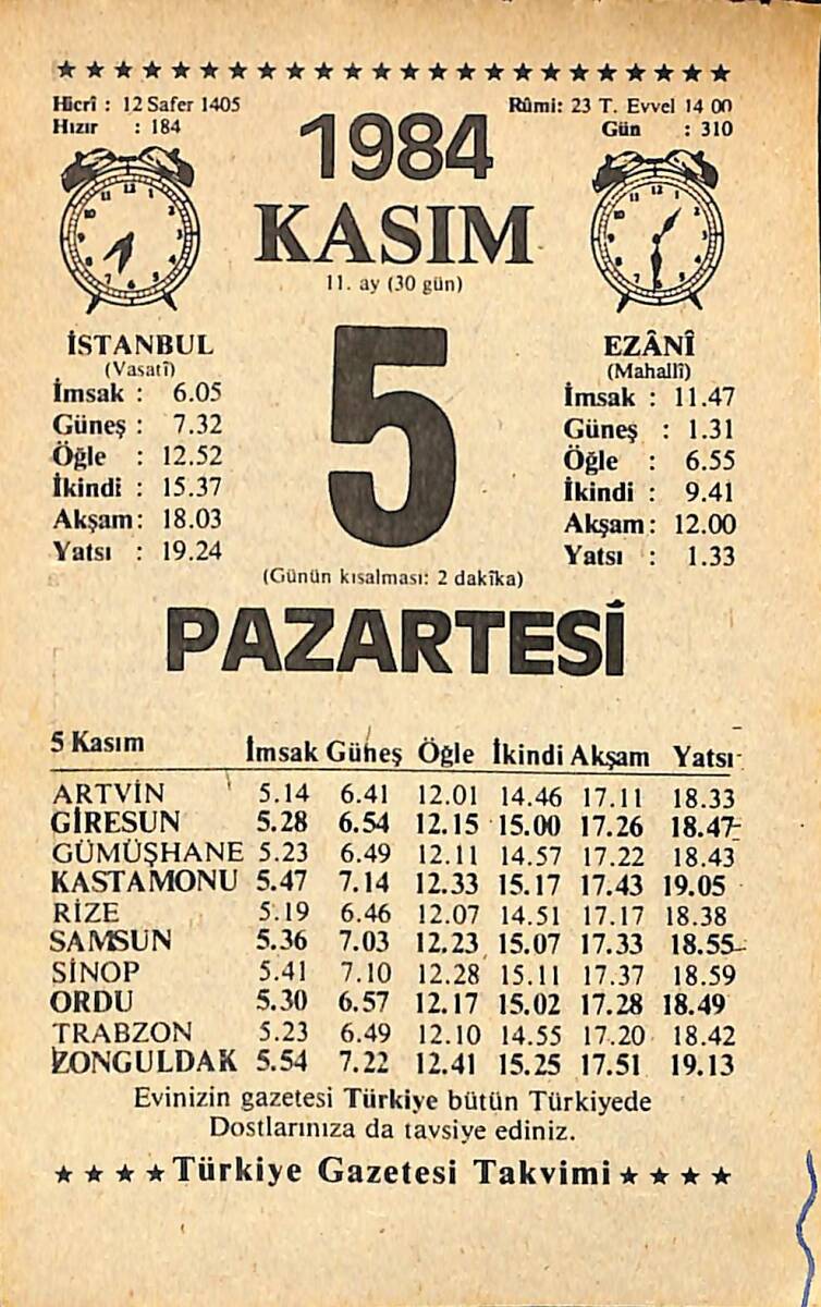 5 Kasım 1984 Takvim Yaprağı - Doğum Günü Hediyesi EFMN14547 - 1