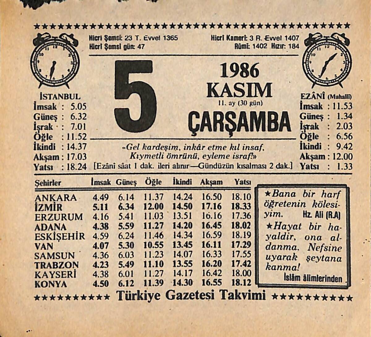 5 Kasım 1986 Takvim Yaprağı - Doğum Günü Hediyesi EFMN14897 - 1