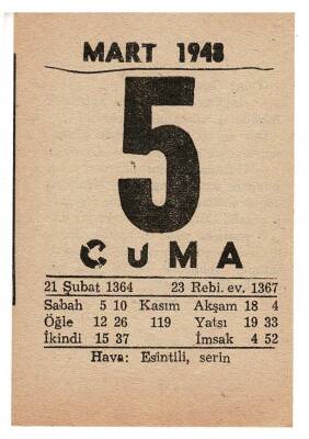 5 Mart 1948 Takvim Yaprağı EFM911 - 3